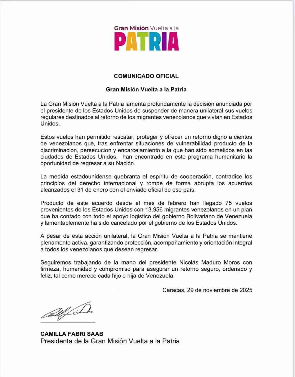 Comunicado Gran Misión Vuelta a la Patria