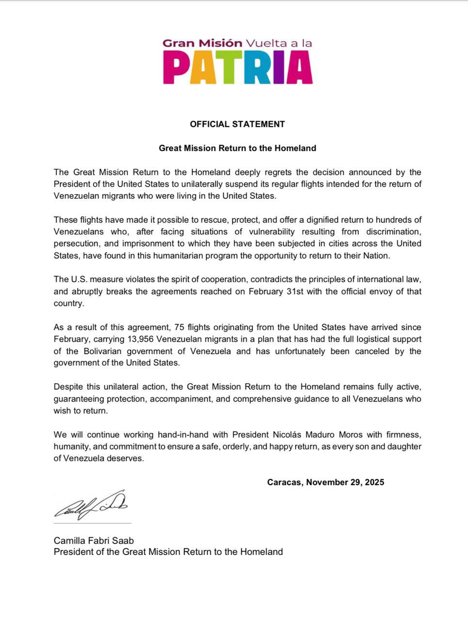 Statement Gran Misión Vuelta a la Patria